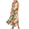 Casual klänningar mode sommar bekväm blomma tryck ärmlös bomull med fickstrandklänning för kvinnor vår kjol sukienki dammskie