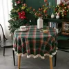 Table Cloth Plaid Tassels Christmas Decoration Tablecloth Round Woven Polyester Cotton Red Green Cover For Home Party Dining Decor