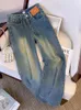 Jeans pour femmes Oiinaa Blue Baggy Femmes Taille haute Taille large Streetwear Poches épissées Pantalon droit coréen