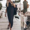Party Dresses Women Round Neck Dress Elegant Ankle-length Maxi For Breathable Solid Color Summer With Side Everyday