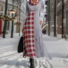 Robes décontractées Dames de Noël Vintage Plaid Imprimer Couture Longue Robe Femmes Chaud Col Roulé Lâche Maxi Bouton D'hiver