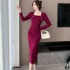 Casual Dresses Women Purple Beading Sqaure Collar Long Dress 2024 Korean Vintage Luxury International Spring Autumn Elegant Festival Robe