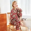 Mulheres de verão pijamas conjuntos com calças pijama de seda cetim pijama flor impressão pijamas 2 peça conjunto manga longa pijamas y20042593948104190