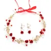 Halskette Ohrringe Set Brautjungfer Stirnband Tiaras Rose Blume Hochzeit Schmuck Kopfstück Kopfschmuck Braut Haarband Ohrring Kristall Perle Rot