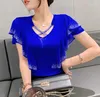 Women's T Shirts Korean Fashion Mesh Tops V Neck Hollow Out Ruffle Shirt Sexy Drilling Short Sleeved