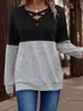 Women's T Shirts 2024 Autumn Winter Color Block Criss-Cross V-Neck Blouse Gray Women Fashion Long Hleeves Casual Outwear Vintage Femme mysig