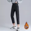 Damen Jeans Winter Frauen Plüsch Samt Casual Hohe Taille Denim Hosen Schnee Tragen Warme Elastische Gerade Knöchellange Hosen Plus Größe