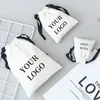 10pcs/lot Customized logo white canvas cott bag with black drawstring gift wedding candy packaging bag storage dustproof bag 18rG#