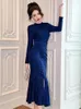 Casual Dresses Elegant Prom Women Luxury Annual Party Dress Royal Blue Shiny Sequin Bright Silk Pleated Folds Split Robe Vestido Autumn