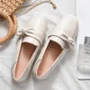 Casual Shoes Bow Knot Leather Moccasins Women Square Toe Mules Slip On Loafers 34-42 Big Size Pearl Flats Comfy Mujer Pisos