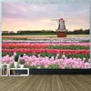 Tapisseries paysage tapisserie champ de tulipes moulin à vent hollandais maison coucher de soleil ciel tenture murale décor pour chambre dortoir maison