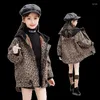 Down Coat Baby Girls 'Winter 5-15 år gammal Leopardtryck Kort plysch foder tjock huva vadderad dike jacka barn