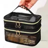 Borsa per cosmetici in rete nera a doppio strato Borsa da viaggio portatile di grande capacità Custodia per trucco Custodia per cosmetici Borsa da toilette con cerniera K63Y #