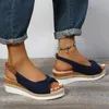 Sandales chaussures pour femmes 2024 tissu solide bouche de poisson talon compensé boucle extérieur Streetwear intérieur extérieur femme