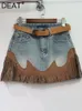 Deat Womens Denim Skirt High Percled Contrast Contraving Longular Tassel A-Line Mini Skirt 2024 Summer Fashion 29L1572 240327