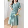 Sukienki imprezowe Vimly Summer Lyocell Draw String Tierred Midi for Women 2024 Puff krótkie rękawy w pasie Eleganckie samice samice