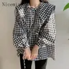 Women's Blouses Korean Vintage Black And White Plaid Doll Collar Shirt Women Top Spring Loose Drawstring Bubble Sleeve Clothing