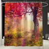 Shower Curtains Red Trees Forest Fabric Curtain Sunny Jungle Bathroom Set Non-Slip Rugs Toilet Lid Cover Mat Carpet