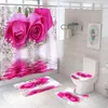 Cortinas de chuveiro azul rosa cortina flor borboleta 4pcs conjunto poliéster pedestal tapete decoração do banheiro à prova d'água