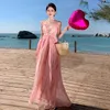 Robes décontractées Français Été Rose Fleur Imprimer Vacances Maxi Robe Femmes Sexy Col V Profond Dos Nu Rayé En Mousseline De Soie Haute Taille Plage Longue