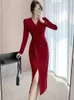 Casual Dresses 2024 Korean Elegant One Piece Long Dress Autumn Winter Red Bodycon Chic Luxury Prom Women Fashion Dance Party Night