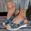 Sandaler kvinnor geometriska mönster slingback retro semester duk kil rufsad båge öppen tå bohemiska skor för