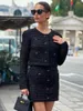 Arbetsklänningar av hög kvalitet 2024 Fashion Women's Luxury Sequin Black Sticked 2 Piece Set Sexig Button Short Coat Mini Kjol Party Slim