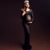 Stijlvolle zwangerschapspografie-jurk met lange mouwen pure mesh perspectief en elastische bodycon 240319
