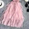 Sommar ärmlös Sling Gaze Tulle klänning Kvinnor Knit V-ringning Sexig rygglös långa klänningar Söt mesh rosa festklänning Vestidos 240321