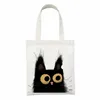 women Canvas Bag Funny Black Cat Print Female Reuseable Shop Totebags Girls Students School Bookbags f8Zm#