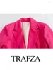Women's Two Piece Pants TRAFZA Fashion Stylish Rose Red Blazer For Women Female Causal 2024 Spring Long Sleeves Quilted Solid Pockets