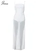 Abiti casual Joskaa Mesh See Through Spaghetti Strap Abito bianco Donna Sexy Side High Split Backless Bodycon Maxi 2024 Party Clubwear