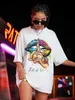 女性のささやきの落書きプリントショルダードロップTシャツ夏ファッションカジュアルな大きなハイストリート