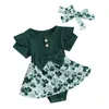 Rompers Pudcoco Né Baby Girl Statrick S Day Tenue Clover Rober Rober Ruffle Bodys à sauts à manches courtes avec bandeau 0-18m