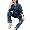 家庭用服の女性パジャマセットフローラルプリントシルキー用lageveラペルシャツワイドレッグパンツ春の夏ホームウェア