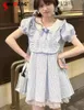 Casual Dresses Sweet Blue Plaid Doll Collar Dress For Women 2024 Summer Princess Cute Slimming Lace Short Puff Sleeve Pettiskirt Feminino