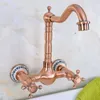 Banyo Lavabo Muslukları Antika Kırmızı Bakır Pirinç Mutfak Musluk Mixer Döner Spout Duvar Monte Seramik Base Çift Çapraz Tutamak MNF942