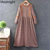 Casual Dresses Vintage Lace Patchwork Cotton Linen Floral Print Dress Women Autumn Japanese Mori Girl Sweet O-neck Long Sleeve Loose Midi