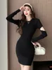 Casual Dresses Fashion Ladies Stretchy Knitted Short Women Sweater Hollow Sexy O-Neck Bodycon Mini Dress Mujer Vestidos Street Clothes