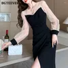 Casual Dresses BGteever Spring Summer V-ringad damer Patchwork Bodycon Midi Dress Elegant Slim Long Sleeve Female Split Package Hip