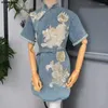 Vestidos de fiesta para mujer Primavera Verano Denim Mini lujo Kirin bordado femenino Casual suelto Qipao Vintage Vestidos blusa