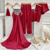 Home Clothing Lingerie Bride Wedding 5pcs Chemise Nightgown Silk Slip Women Full Sleepwear Bathrobe Lace Robe Set Sexy Pajamas White