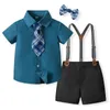 Conjuntos de roupas meninos cavalheiro roupas lapela pescoço botão para baixo topos suspender shorts gravata borboleta infantil criança pouco verão conjunto