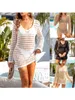 Mulheres praia cover up cor sólida recorte transparente manga longa verão maiô coverup crochê maiô ups vestidos