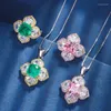 Collana orecchini set stile fiore rosa zircone cubico imitazione verde smeraldo pendente anello regolabile gioielli