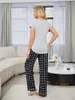 Accueil Vêtements Femmes Pyjamas Ensemble Manches Courtes Hauts Pantalons Longs 2 Pièces Avant Col En V Boutonné T-shirt Avec Plaid Pyjamas Loungewear Costume