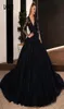 Magnifique robe de bal robes de mariée noires appliques de dentelle à paillettes robes de mariée gothiques avec manches longues robe de soirée princesse à lacets 2716064