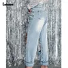 Women's Jeans Women Pearl Beading Demin Pants Girls Streetwear Sexy Hole Ripped Trouser 2024 European Style Fashion Straignt