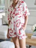 Casa roupas moda cetim pijamas feminino manga curta pijamas de seda macia botão para baixo loungewear shorts conjunto S-XL