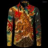 Camisas casuais masculinas 3D Impresso Tigre Turn-down Collar Botão Camisa Estilo Chinês Vintage Manga Longa Tops Hawaii Party Streetwear Tees